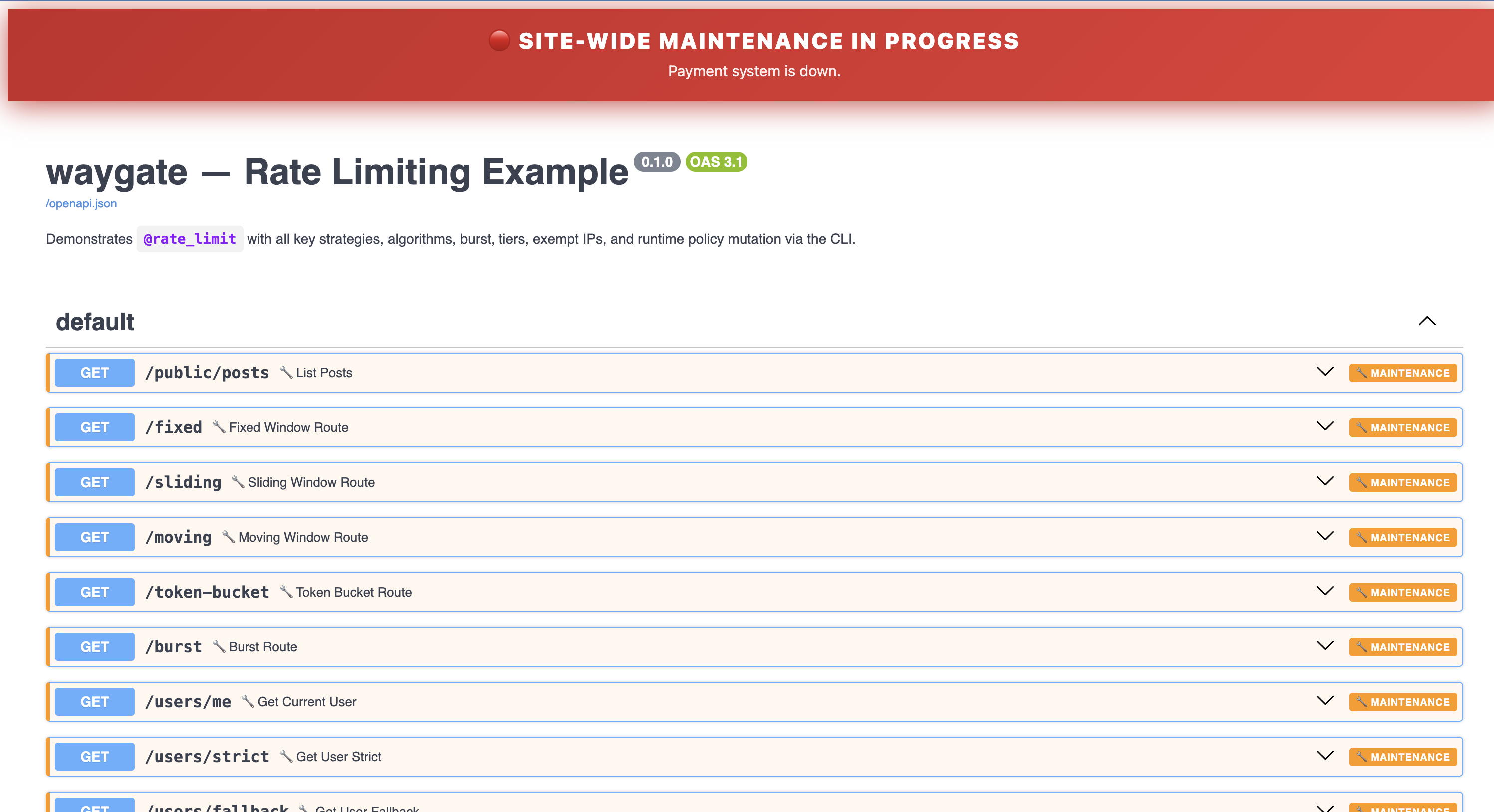 Maintenance banner injected into Swagger UI